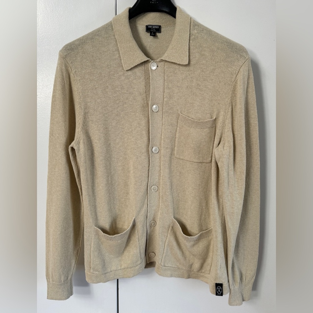 TODD SNYDER Long Sleeve Polo Shirt L Beige Tan Knit Button Up Sweater Cardigan - Picture 1 of 4